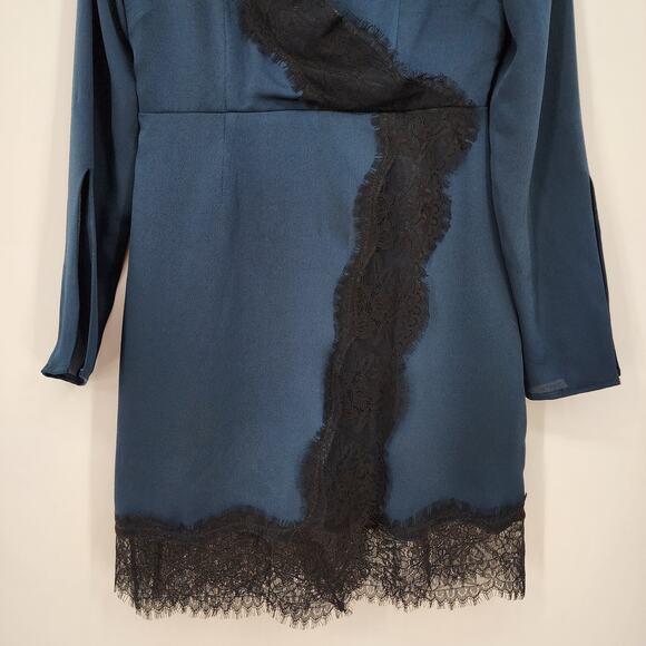 Keepsake The Label Mini Dress M Satin Lace Trim Long Flare Sleeve Blue Black - Picture 9 of 15